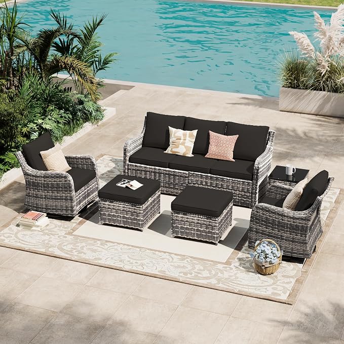 MEISSALIVVE Patio Furniture Set with Swivel Rocking Chairs, 6 Pieces Patio Conversation Set, Outdoor Wicker Sofa Couch with Waterproof Cushions for Lawn Backyard Porch (Black)