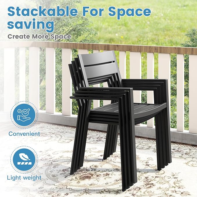 DIFY 11 Piece Outdoor Patio Dining Set for 10, Patio Table and Chairs Set with Umbrella Hole, 60" Round Dining Table and Stackable Metal Chairs for Backyard Garden Poolside, Walnut & Black