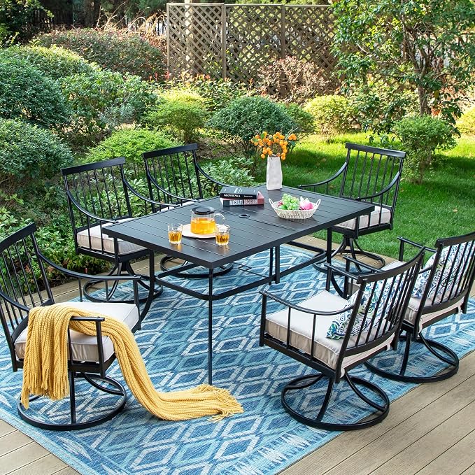 Sophia and William Patio Dining Set, for 6, Swivel Chairs | E-Coated and Steel, Rectangle Table, Swivel Chirs, Umbrella Hole, Weather-Resistant, Easy to Clean
