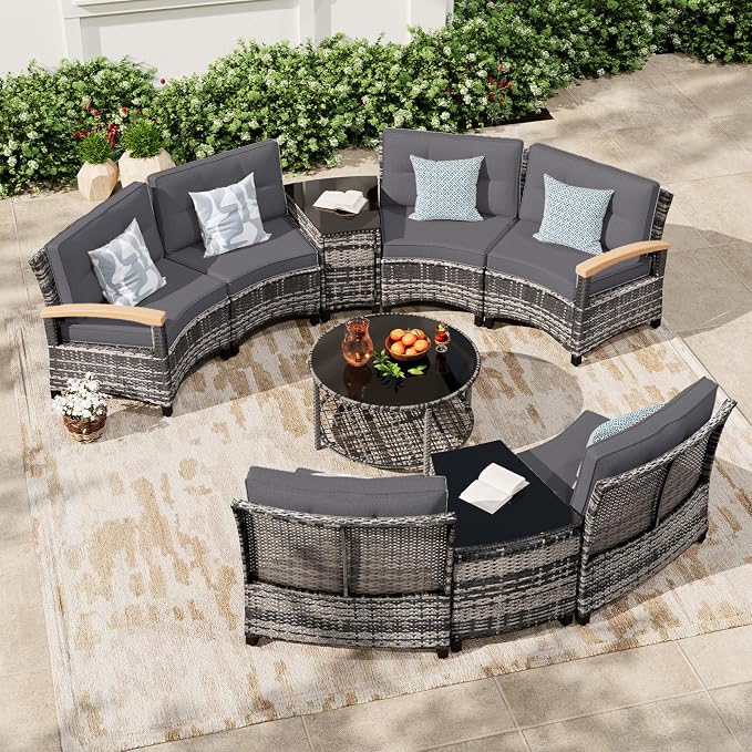 MEISSALIVVE 9-Piece Half-Moon Curved Outdoor Patio Furniture Set, Sectional Conversation Sofa with Wood Armrests, Coffee & Side Tables for Backyard Deck Garden, Grey
