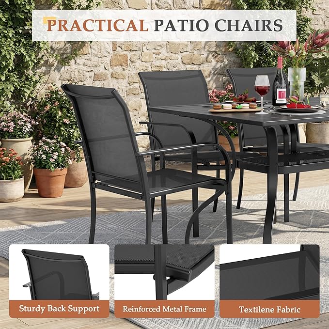 7-Piece Patio Dining Set,6 Person Outdoor Table and Chairs Set, 6 Metal Dining Chairs and Rectangular Outdoor Table with 1.57" Umbrella Hole,Black