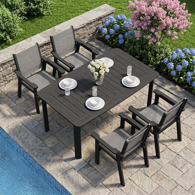 5-Piece HDPE Outdoor Dining Set for 4, Outdoor Table and Chairs | Weather Resistant Patio Table and Textilene Chairs set, Square Table with Umbrella Hole for Garden, Backyard and Lawn, Black
