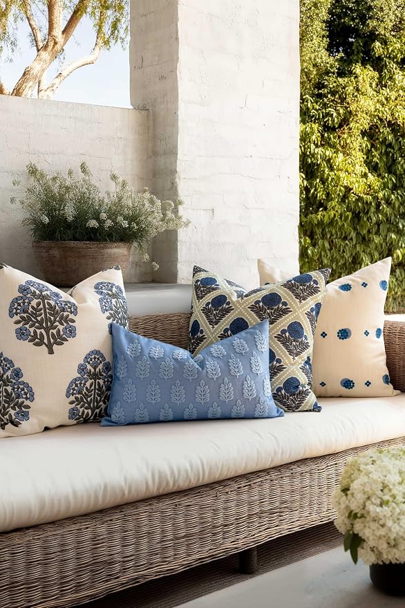 California Casual Coastal Indoor Outdoor Lumbar Pillow Cover, 12"x20" Water Repellent for Patio, Backyard, Couch, Poolside, Light Blue Embroidered Leaves