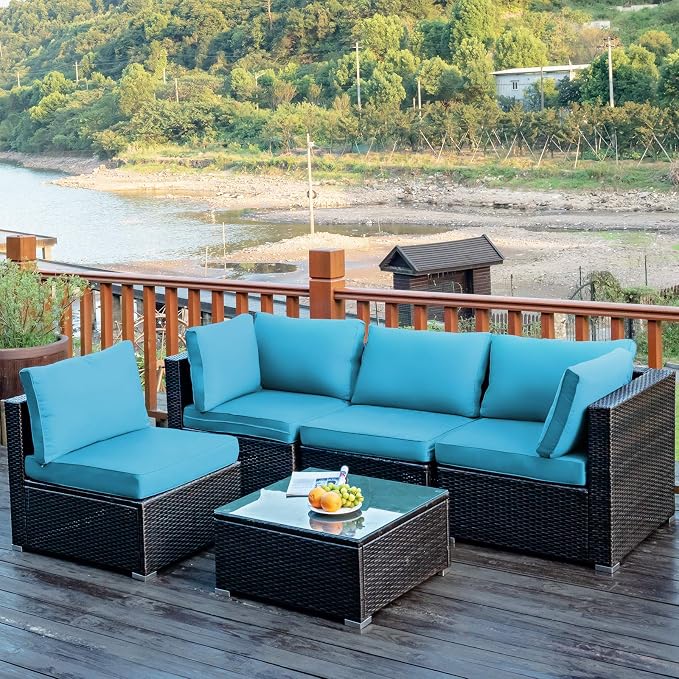 COSTWAY 5-Piece Outdoor Patio Furniture Set, PE Rattan Sofa Chairs with Cushions and Tempered Glass Coffee Table, Conversation Sofa Set for Backyard Garden (Turquoise)