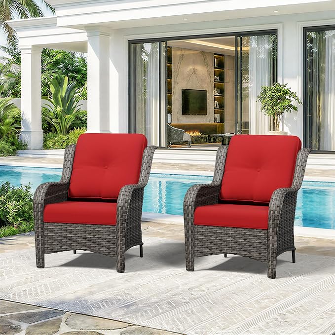 Patio Chairs Set of 2, Outdoor Wicker Patio Furniture Set with Thickened Olefin Cushions, High Back and Deep Seating, Wide Curved Armrest Hand-Woven PE Rattan for Porch, Deck, Red