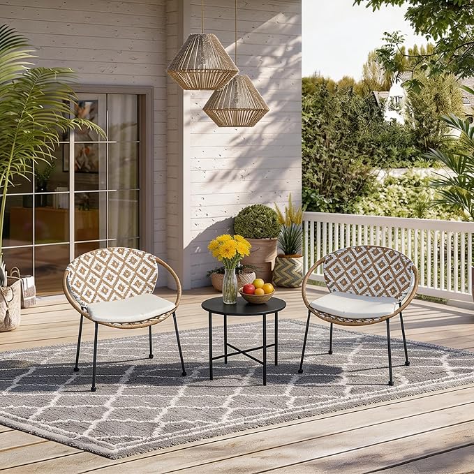 3-Piece Outdoor Patio Bistro Set, Wicker Chairs with Cushions, PE Rattan All-Weather Conversation Set with Coffee Table for Balcony, Porch, Backyard, Poolside, Garden, Deck, White