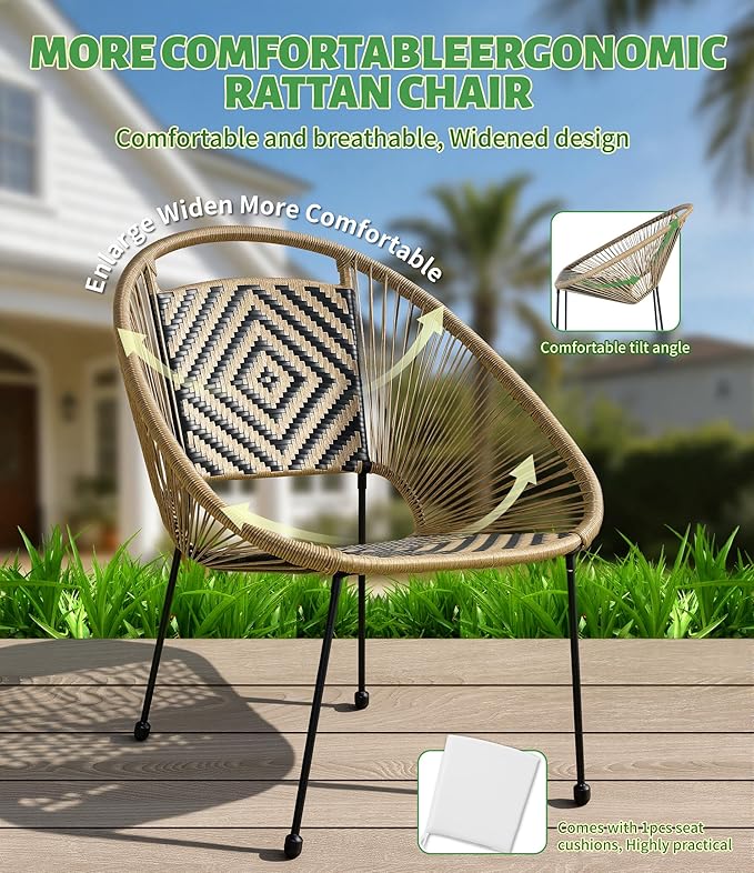 2-Piece Outdoor Patio Bistro Set, Wicker Chair with Cushion, PE Rattan All-Weather Conversation Set with Coffee Table for Balcony, Porch, Apartment, Poolside, Garden, Small Spaces, Black