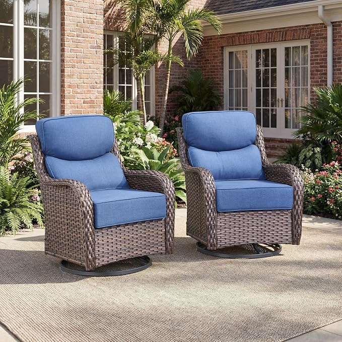 Rilyson Wicker Outdoor Swivel Rocker Chairs - All Weather Resistant Wicker Patio Furniture Set of 2 with High Back and 6 inch Thick Cushions for Deck Porch Yard and Poolside, Brown/Blue