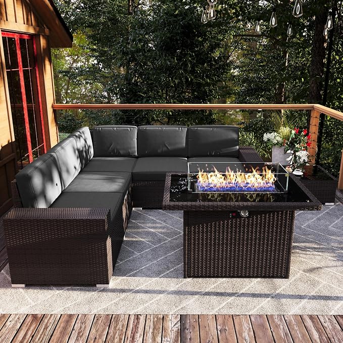 7 Pieces Patio Furniture Set with 44" Propane Gas Fire Pit Table, Outdoor Sectional Wicker Conversation Sofa Sets with Coffee Table