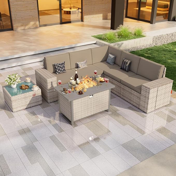 7 Pieces Patio Furniture Set, Outdoor Modular Sectional Couch Conversation Set with Wide Armrests, Wicker Seating Group Sofa with Coffee Table and Fire Pit for Backyard Deck (Khaki Cushions)