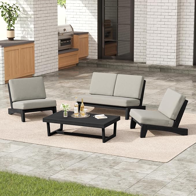4 Pieces Patio Furniture Sets, All-Weather Outdoor Wood Bistro Set Patio Conversation Coffee Table Chiars and Patio Loveseat for Balcony, Backyard