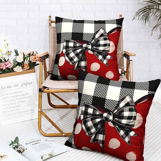 Valentines Day Throw Pillow Covers 22x22 Buffallo Plaid Valentines Pillow Covers Polka Dot Red Love Heart with Bow Decoarative Pillow Case for Living Room Couch Sofa