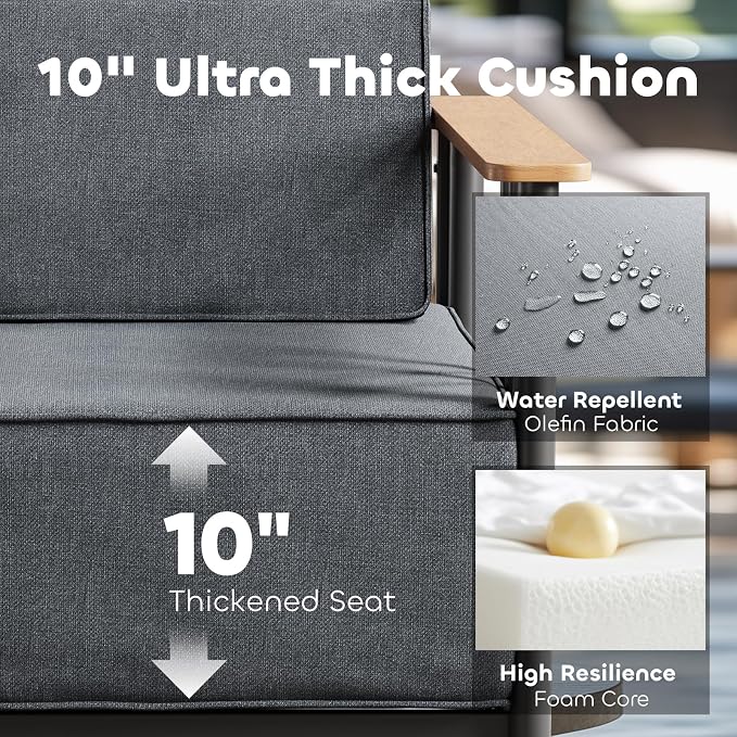 Luxury Patio Furniture Set with 10" Extra Thick Cushions, 4 PCS Outdoor Furniture Set with Patio Chairs & Couch & Coffee Table, Suitable for Porch, Balcony, Deck, Yard, Poolside, Black/Grey