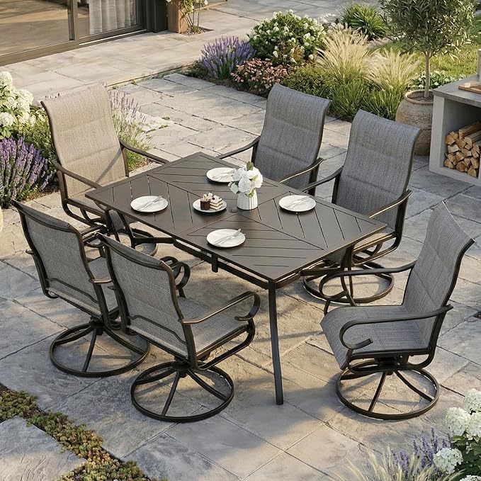 NUU GARDEN 7-Piece Outdoor Dining Set, Outdoor Table and Chair Set with Umbrella Hole, Padded Textilene Dining Table Set, All Weather Outdoor Table and Chairs for 6, Swivel Design, Light Gray