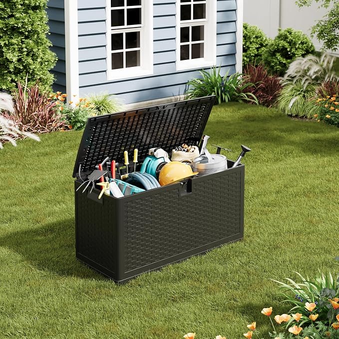 73 Gallon Outdoor Deck Box, Lockable Waterproof Outdoor Resin Box with Lid, Patio Storage Bin for Patio Furniture, Garden Tools, Pool Accessories - Brown