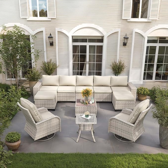 11-Piece Outdoor Patio Furniture Set with Rocking Swivel Chair Wicker Sectional Sofa Set, Patio Conversation Set with Ottomans & Coffee Table for Garden, Backyard, Poolside, White