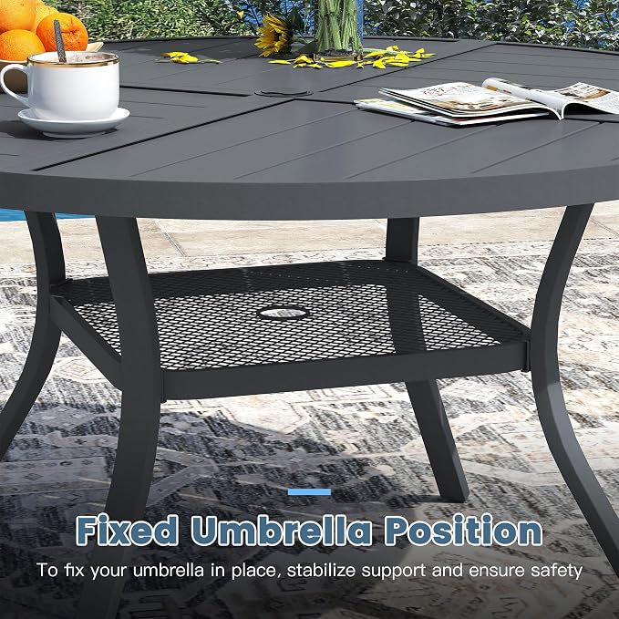 DIFY 5 Pieces Outdoor Dining Set, Metal Patio Table and Chairs Set for 4, 40.6" Round Dining Table with Umbrella Hole & Wicker Swivel Patio Chairs with Cushions, Grey Tabletop