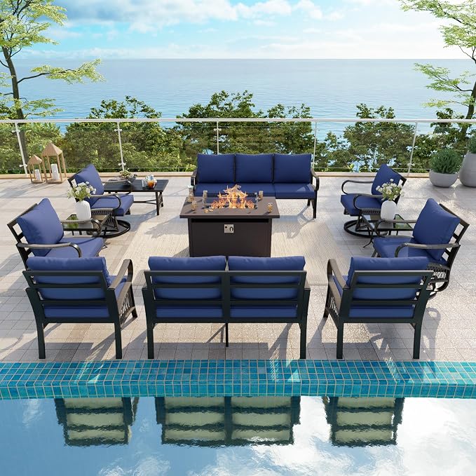 12-Piece Outdoor Furniture Set, Metal Swivel Rocking Chairs with All-Weather Cushions, Patio Conversation Set with Fire Pit Table for Deck, Porch, Garden, Backyard, Poolside (Blue Cushions)