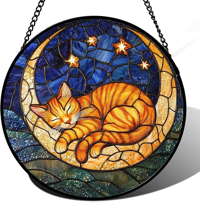 Stained Glass Window Hanging - Orange Moon Sleeping Cat Sun Catcher for Door Home Decor Blue Starry Sky Suncatcher Christmas Mother's Day Birthday Gifts for Women Men Mom Nana 7.8 in