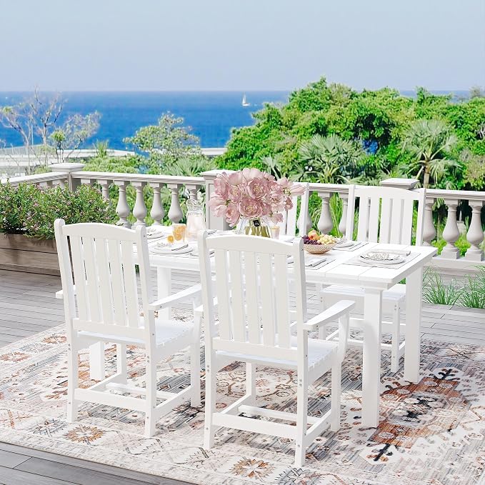 ROCSUMOO 5-Piece Outdoor Dining Table Sets, Patio HDPE Dining Table and Chair Set with Umbrella Hole, All Weather Outdoor Dining Furniture Set (White, 1 Table + 4 Chairs)
