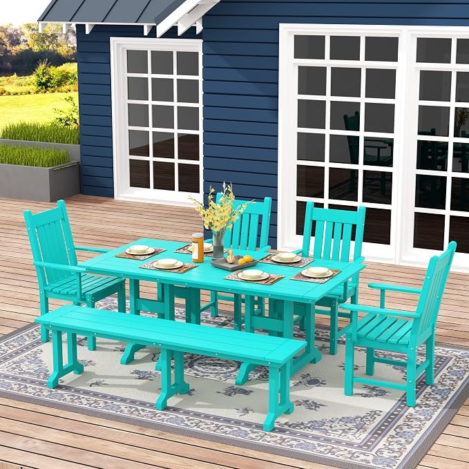 WO Home Furniture Adirondack Patio Dining Chair Table Bench Set of 6 PCS Rectangle Dinner Table Dining Arm-Chairs (Turquoise)