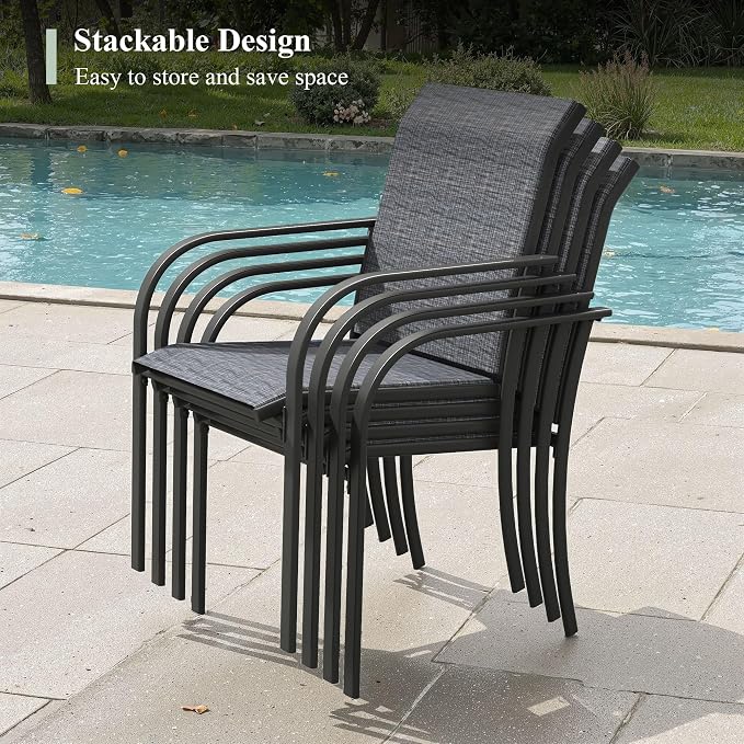7 Pieces Outdoor Dining Set, Stackable Textilene Patio Chairs & 47.1" Round Dining Table with Umbrella Hole and Shelf, Patio Dining Set for Backyard, Deck, Garden, Grey & Black