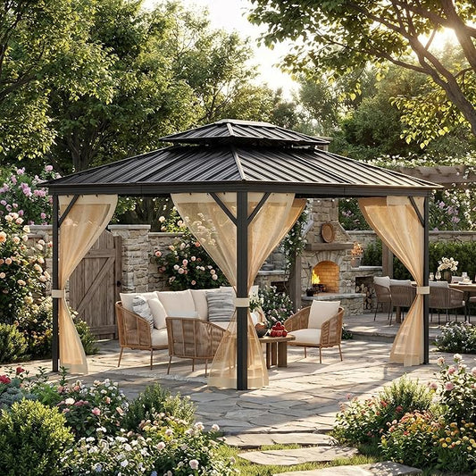 10' x 14' Hardtop Gazebo with Galvanized Steel Double Roof, Heavy Duty Outdoor Gazebo with Netting & Curtains for Patio, Backyard, Deck & Lawn