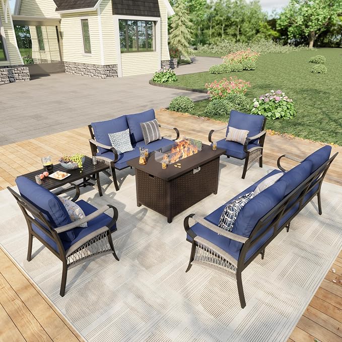 6 Pieces Patio Furniture Set, Metal Outdoor Conversation Sets with Fire Pit Table for Backyard Garden Deck Porch Poolside (Thick Blue Cushions)