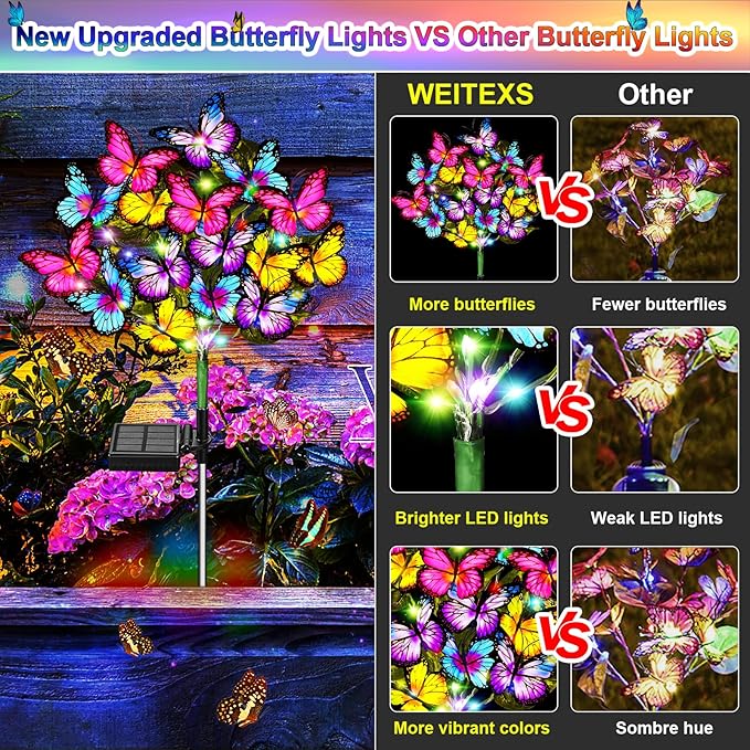 WEITEXS Solar Garden Lights Solar Lights Outdoor Waterproof Solar Lights 6 Pack with New Upgraded 216 LED 102 Butterfly Outdoor Solar Lights for Yard Outside Garden Pathway Decor Gifts for Women