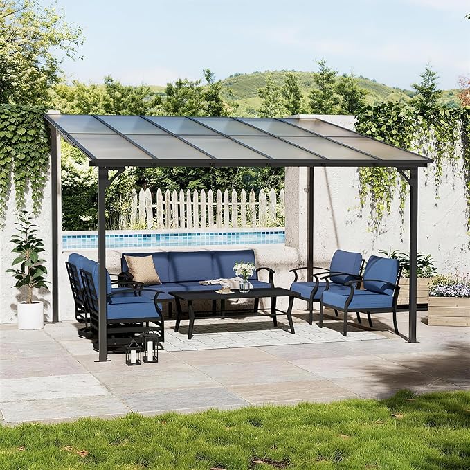 10' x 12' Lean to Gazeb,Hardtop Galvanized Steel Pergola with Sloped Polycarbonate Roof,Wall Mounted Gazebo Patio Canopy with Ground Anchor for Backyard Deck