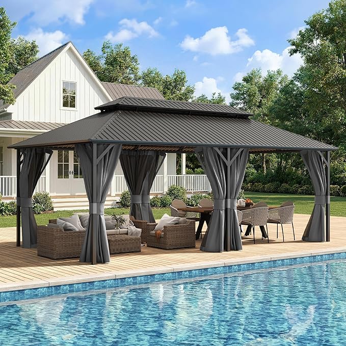 UDPATIO 12'x20' Hardtop Gazebo, Outdoor Metal Gazebo with Galvanized Steel Double Roof, Permanent Pavilion with Netting and Curtains for Lawn, Garden, Patio, Grey