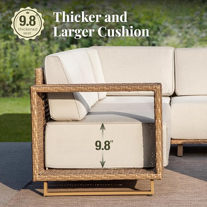 MIXPATIO Patio Sectional Furniture with Fire Pit, 9 Pieces Outdoor Wicker Sofa Set, Yellow Rattan Modular Conversation Sets with 10" Thick Cushions, L Shape Low Profile Lawn Deck Garden Furniture
