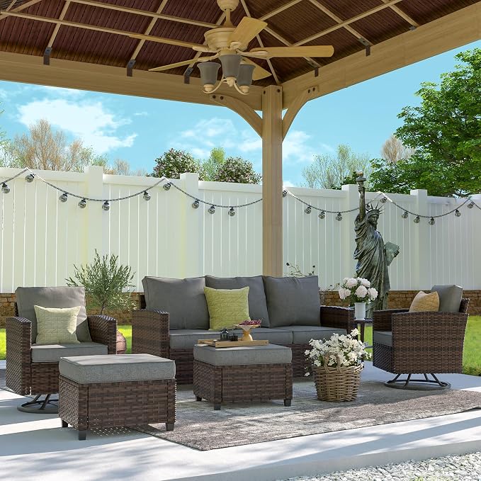 UDPATIO Patio Furniture Set, 6 Pieces Outdoor Sectional Couch with Swivel Rocking Chair, Brown Wicker Rattan Conversation Sofa, 4" Thick Cushion for Garden Backyard Deck, Dark Grey