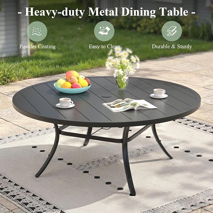 Outdoor Dining Set for 8, 60" Metal Round Outdoor Dining Table with Umbrella Hole and Sling Patio Swivel Chairs, 9 Pieces Patio Table and Chairs Set for Garden Backyard, Dark Blue and Black