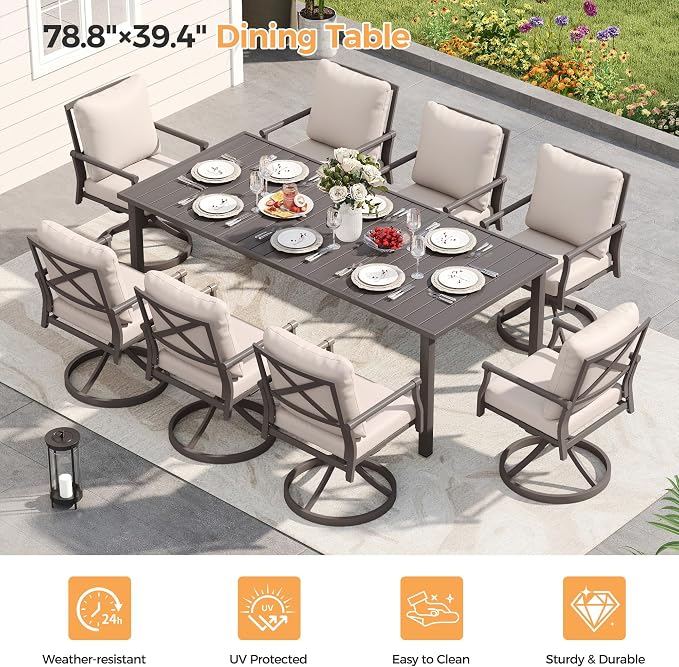 HAPPATIO Patio Dining Set, Metal Outdoor Table and Chairs Set for 8, Powder-Coated Swivel Rocking Chairs with Thick Cushions, 80" Rectangular Table with 1.9" Umbrella Hole for Deck Backyard Lawn