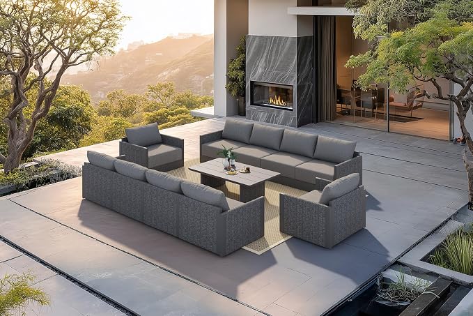 PURPLE LEAF 12 Pieces Patio Conversation Sets with 2 Coffee Table All Weather Outdoor Couch Sectional Set with Cushion Patio Conversation Set for Garden Poolside Backyard Gray