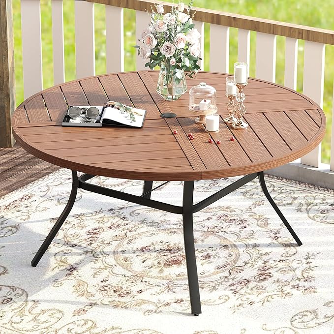 VICLLAX Patio Dining Set for 8, 8 Seats Outdoor Furniture Includes 59.9" Round Patio Table and Swivel Padded Chairs, Walnut Tabletop and Mixed Brown Fabric