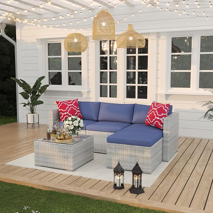 5 Piece Outdoor Patio Furniture Set, Rattan Deck Conversation Sofa Set with Non-Slip Cushions, All-Weather Sectional Sofa with Glass Storage Table and Balcony Footstool, Poolside, Garden, Porch, Gray