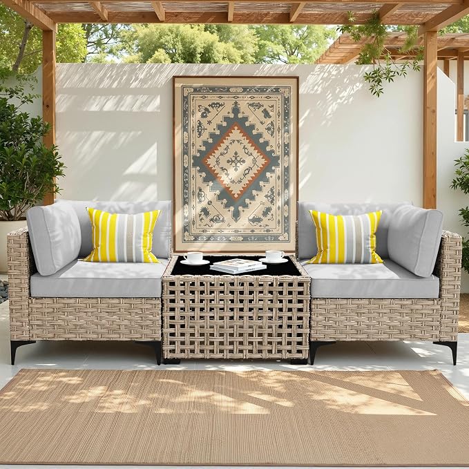 3 Pieces Patio Sectional Furniture Set, Outdoor Wicker Sectional Couch with Solar Lights Table, Modern Conversation Set for Porch Balcony Backyard, Gray