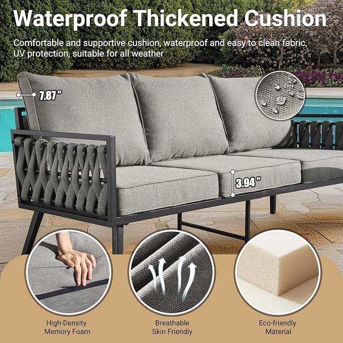 Weaxty Modern Patio Furniture Set 6 Piece, Rope Outdoor Patio Conversation Sets Sectional Sofa Swivel Chairs Table Ottoman, All Weather Metal Balcony Furniture for Backyard Garden, Light Grey