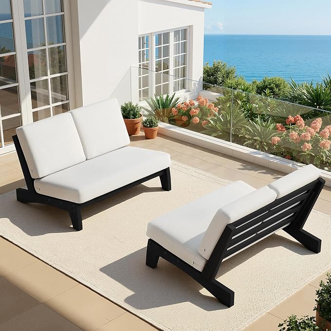 All Weather Patio Furniture Sets, 3 Pieces Black Wood Patio Loveseat Sofa Outdoor Sectional Futniture Backyard Conversation Set with Solid Wooden Coffee Table - Beige