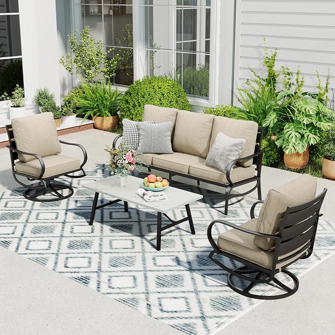 Sophia & William Patio Furniture Sets 5 Seats Outdoor Metal Conversation Sets 4 Pcs with 2 x Cushioned Swivel Sofa Chairs,1 x 3-Seat Sofa, 1x Marbling Metal Coffee Table Lawn Backyard Poolside Beige
