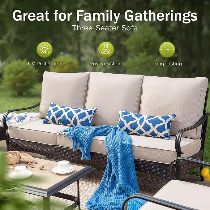 PHI VILLA Extra Large Outdoor Modern Patio Furniture Set, Upgraded Wicker & Metal Patio Conversation Set with Waterproof Thick Cushions for Porch, Poolside, Yard