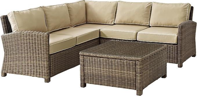 Crosley Furniture Bradenton 4-Piece Outdoor Sectional Sofa Wicker Conversation Patio Furniture Set for Deck, Brown with Sand Cushions