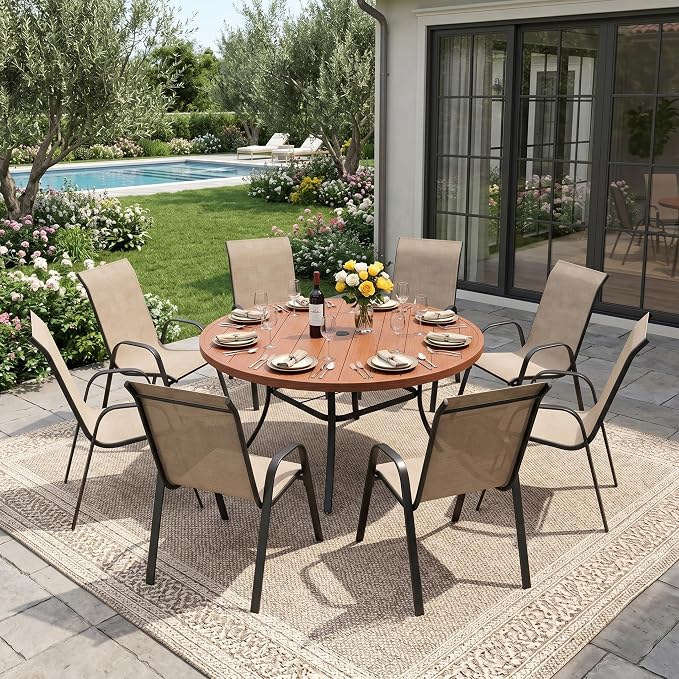 DIFY 9 Piece Outdoor Dining Set, 53" Walnut Round Metal Patio Table and Brown Textilene Stackable Chairs for 8, All Weather Patio Furniture Set with Umbrella Hole for Backyard Garden Deck