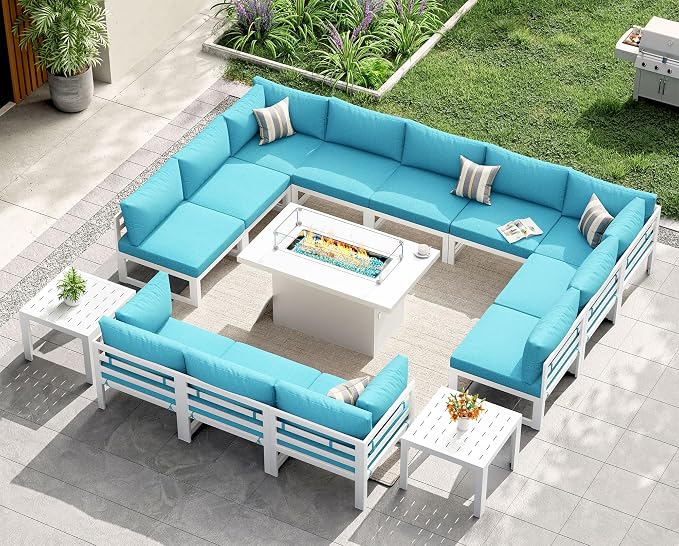 NICESOUL 12 People Large Luxury Aluminum Outdoor Sectional Sofa with Fire Pit & Side Table, L Shaped Modular Patio Furniture Set, 500 lbs Heavy Duty Conversation Couch for Poolside Lawn, Turquoise