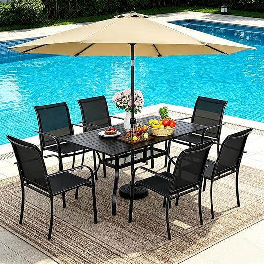 SUNCROWN 8 - Piece Outdoor Dining Set, Patio Furniture Set with 6 Textilene Dinning Chairs, 1 Rectangle Metal Table and 1 Brown 9Ft Patio Umbrella for Lawn Garden Backyard Deck, Black