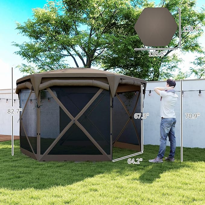 Outsunny Pop Up Gazebo Screen Tent House, 11 x 11ft with UPF30+ Removable Roof Cover, 4 Roll-up Wind Panels and Carry Bag for Camping, Patio, Backyard, Lawn, Brown