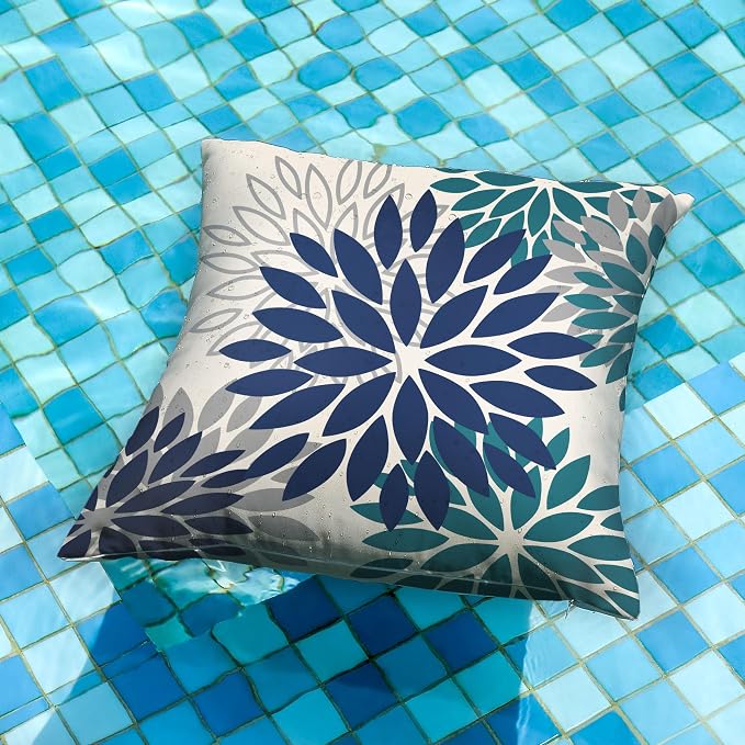 DFXSZ Outdoor Waterproof Pillow Covers 16x16 Set of 2 NavyBlue Green Flower | Spring Summer Waterproof Flower Throw Pillowcases（No Inserts）Outdoor Decor for Patio Funiture Garden Polyester Covers