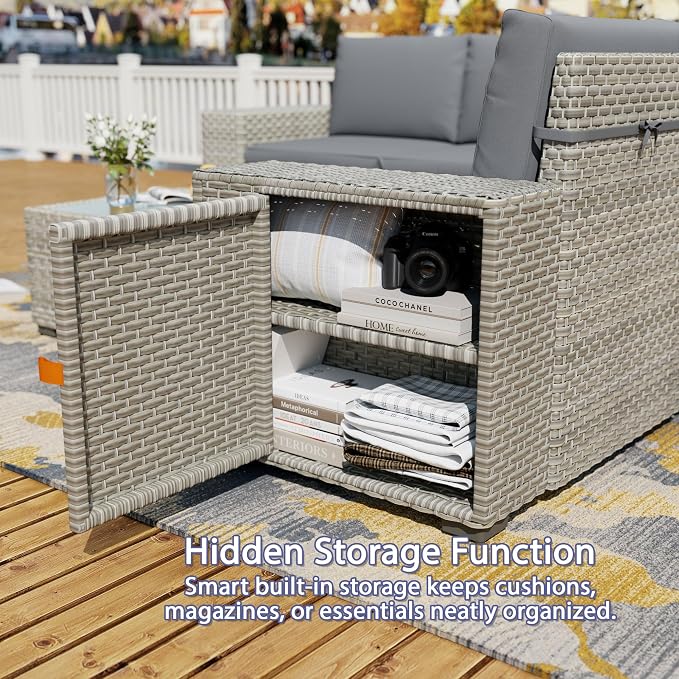 13 Piece Patio Furniture Set with 50,000 BTU Rattan Fire Pit Table that Converts to Coffee Table, 9.8" Wide Arm Sectional Sofa with Storage Armrests, Outdoor Rattan Conversation Set, Grey